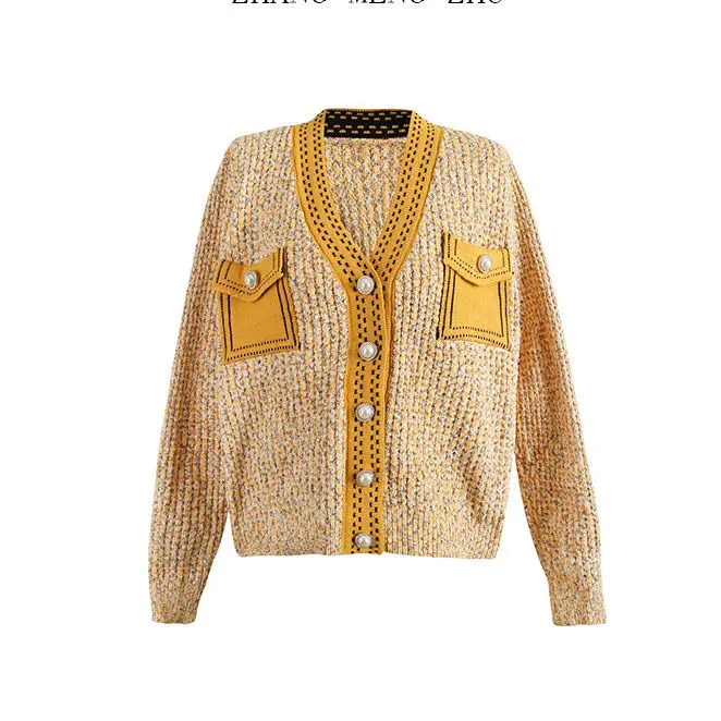 Xiaoxiangfeng Contrasting Color Knitted Cardigan Women\'s Spring and Autumn V-neck Top Pearl Button High-end Sweater Jacket