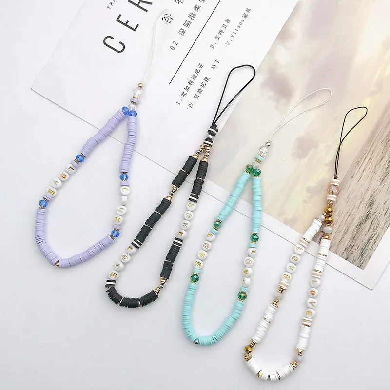 New Color Pottery LOVE Mobile Phone Chain Handmade Diy Beaded Mobile Phone Rope Handset Case Cosmetic Materials Phone Lanyard