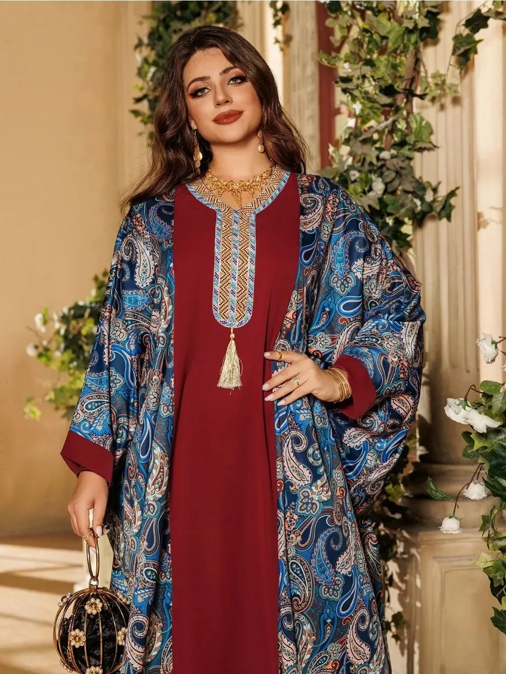 Eid Muslim Dress Women Print Jalabiya Bat Sleeve Long Robe Abaya Diamond Party Dresses Ramadan Kaftan Islam Dubai Arab 2024