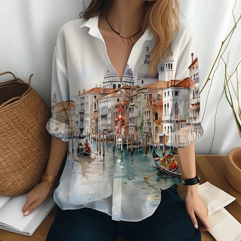 

Long-sleeved casual shirt autumn new shirt style street loose fashion button lapel house 3D printing 2024 tops