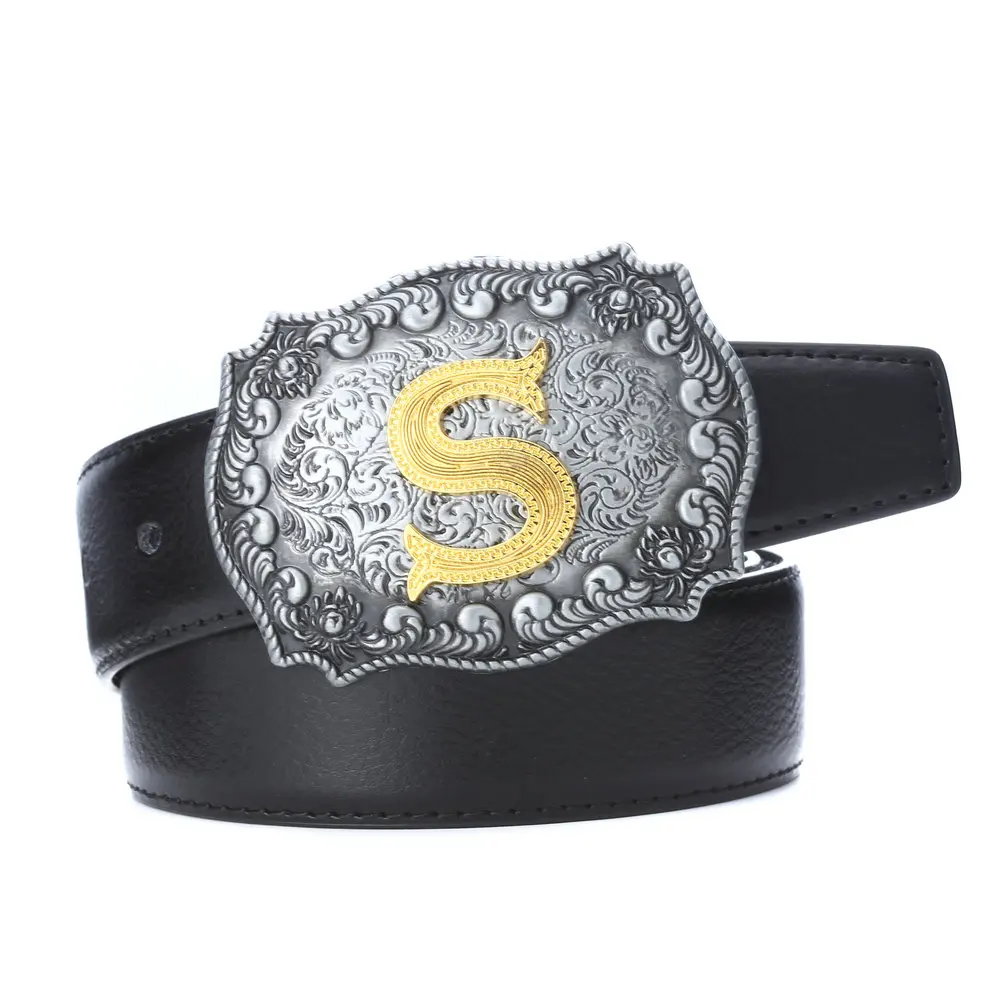 Western Zinc Alloy Buckle Leather Belts Cowboy Letters Buckle Belt Embossed Cowboy Belts for Men