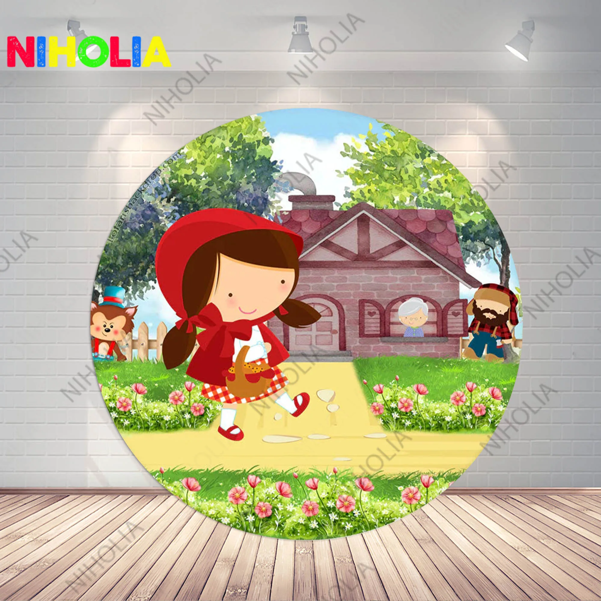 Niholia Little Red Riding Hood Round Photo Backdrop Girls Birthday Party Baby Shower Decoration Cylinder Covers For Cake Table