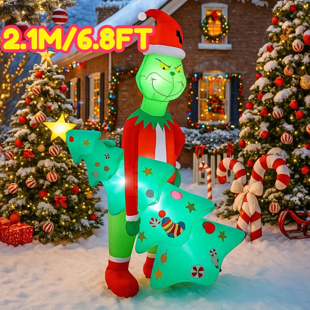 2.1M/6.8FT Kerstversiering Opblaasbaar Speelgoed Grinch Holding Kerstbomen Thuis Yard LED Licht Decor Kerstfeest speelgoed