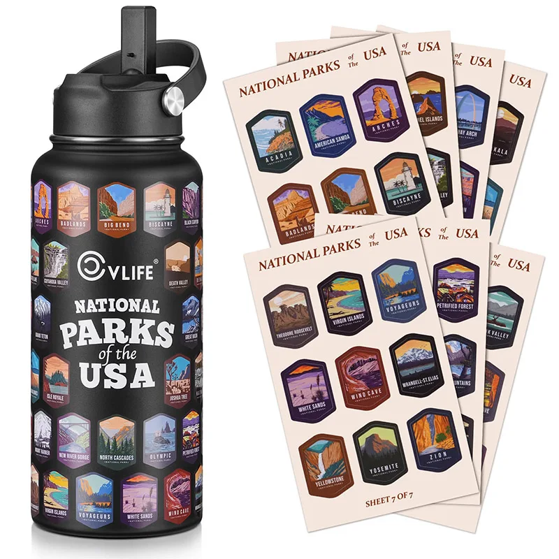 

CVLIFE 32 Ounces Insulated Water Bottle 304 Stainless Steel Leakproof with 63 Waterproof National Park Stickers for Hikers Black