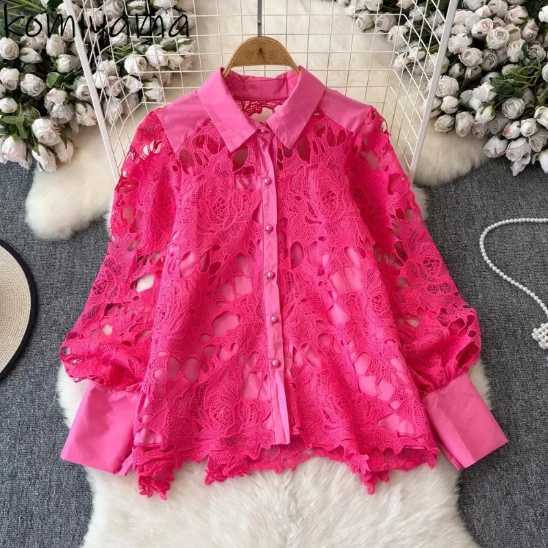 

Hollow Lace Shirts & Blouses Hook Flower Woman Blusas Spring Autumn New 2025 Long Sleeve Ropa Mujer Camisas Women Clothing