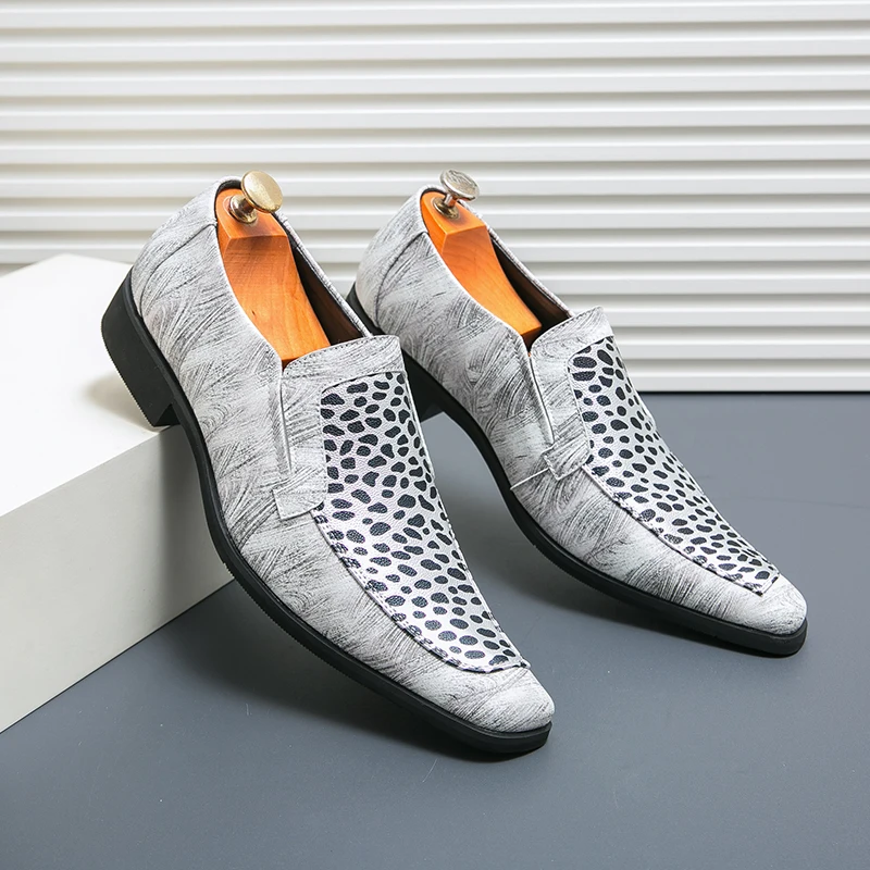 Summer New Leopard Print Men\'s Shoes Pointed Slip-on High Quality Leather Oxford Shoes Office Dress Shoes Luxury Wedding Shoes