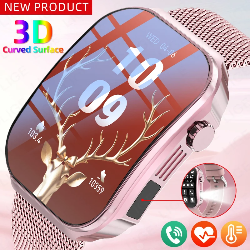 

2026 New 3D Curved Screen Smart Watch Women 2.2" Large HD Display Flashlight Outdoor Sport Bluetooth Call Waterproof Smartwatch