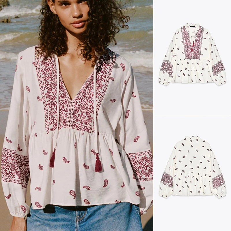 

Новое весеннее поступление, женский длинный свеч с v-образным вырезом и принтом, многослойный топ с декоративными кисточками, свободный крой из полиэстера