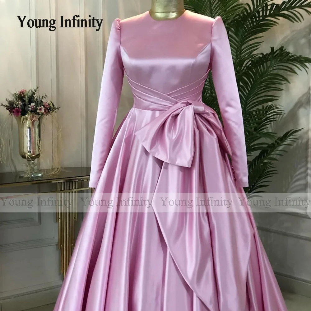 Robe de mariée musulmane rose à manches longues, taille avec nœud, en Satin mat, coupe trapèze, à col rond, tenue de soirée formelle, 2023