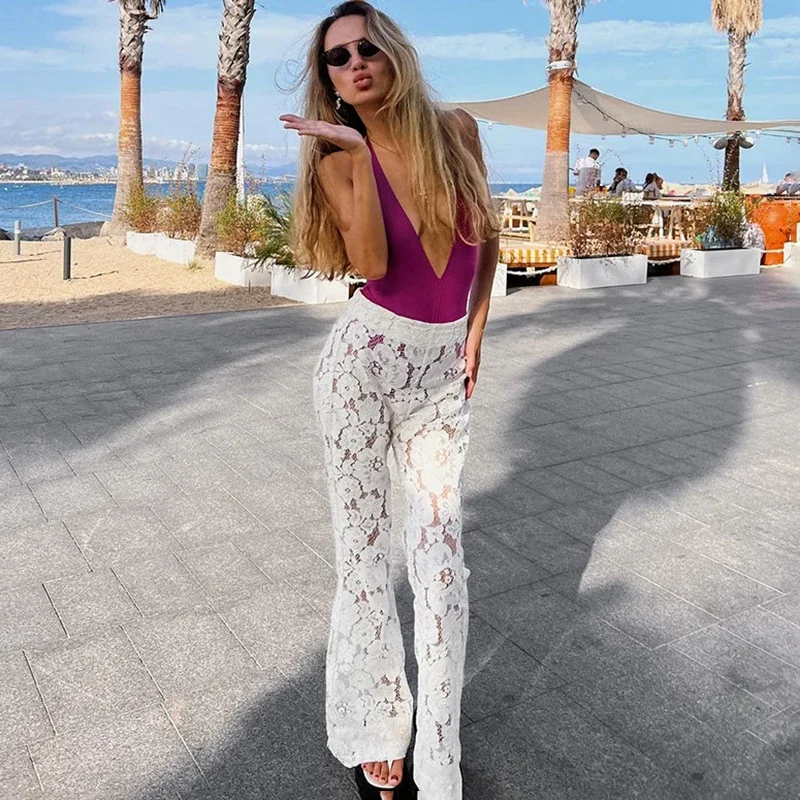 กางเกงขายาวทรงบานลายลูกไม้ผ้าแจ็คการ์ดสำหรับผู้หญิง ลายดอกไม้ฉลุลายเซ็กซี่ แฟชั่นฤดูใบไม้ร่วงใหม่ เอวสูง กางเกงทำงานสำหรับสุภาพสตรี