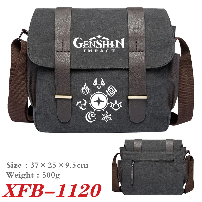 Anime Genshin Impact Shoulder Bag Messenger Travel Canvas Durable With 2 Leather Belt Buckle Bookbag