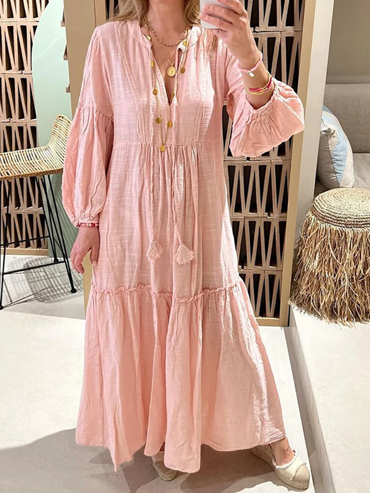 Loose V Neck Patchwork Ruffles Bohemian Dress Women Elegant Holiday Pink Maxi Dress Lantern Sleeve Chic Female Party Club Dress