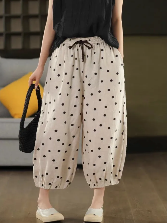 Retro-Farbe, gewebtes Punkt-Leinen-Laternenhose, Damen-Hose mit Gürtel, Siebenfuß-Hose, Sommer-Baumwoll-Leinen, gerades Bein, hohe Taille, weites Le...