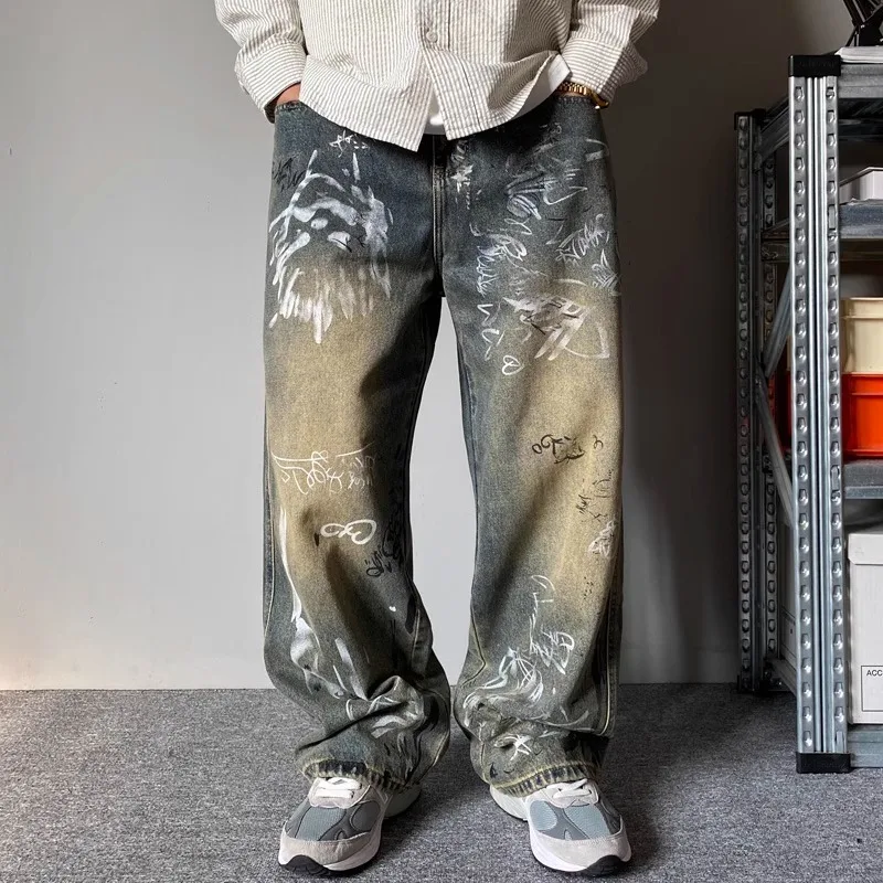 American-style Patchwork Design Jeans For Men, Loose High Street Wide-leg Straight-leg Pants