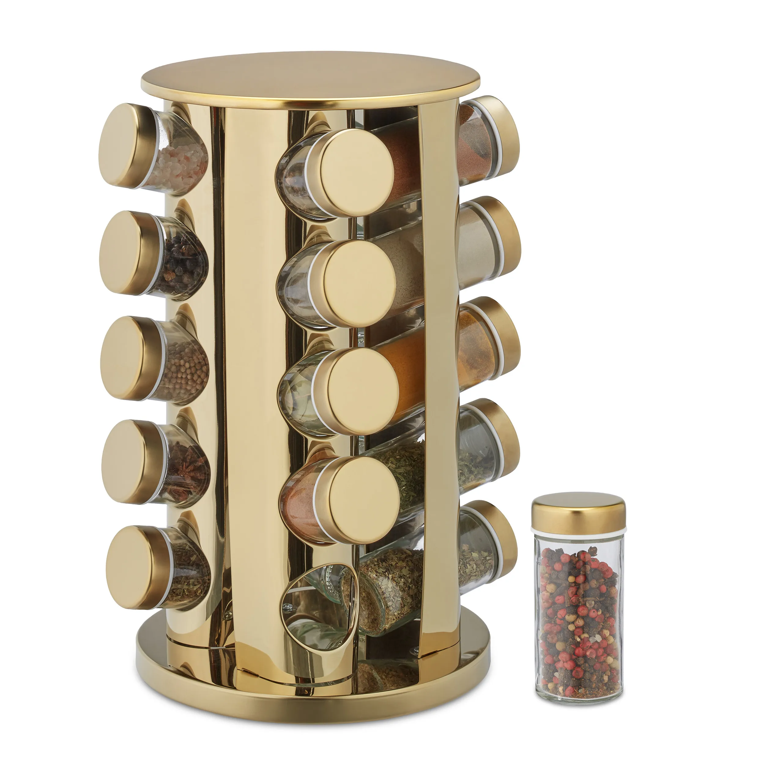 Gewürzregal 20 Gewürzgläser, 360° drehbar, für die Küche, Edelstahl und Glas, gold/transparent, Streueinsatz, Gewürzkarussell, Relaxdays