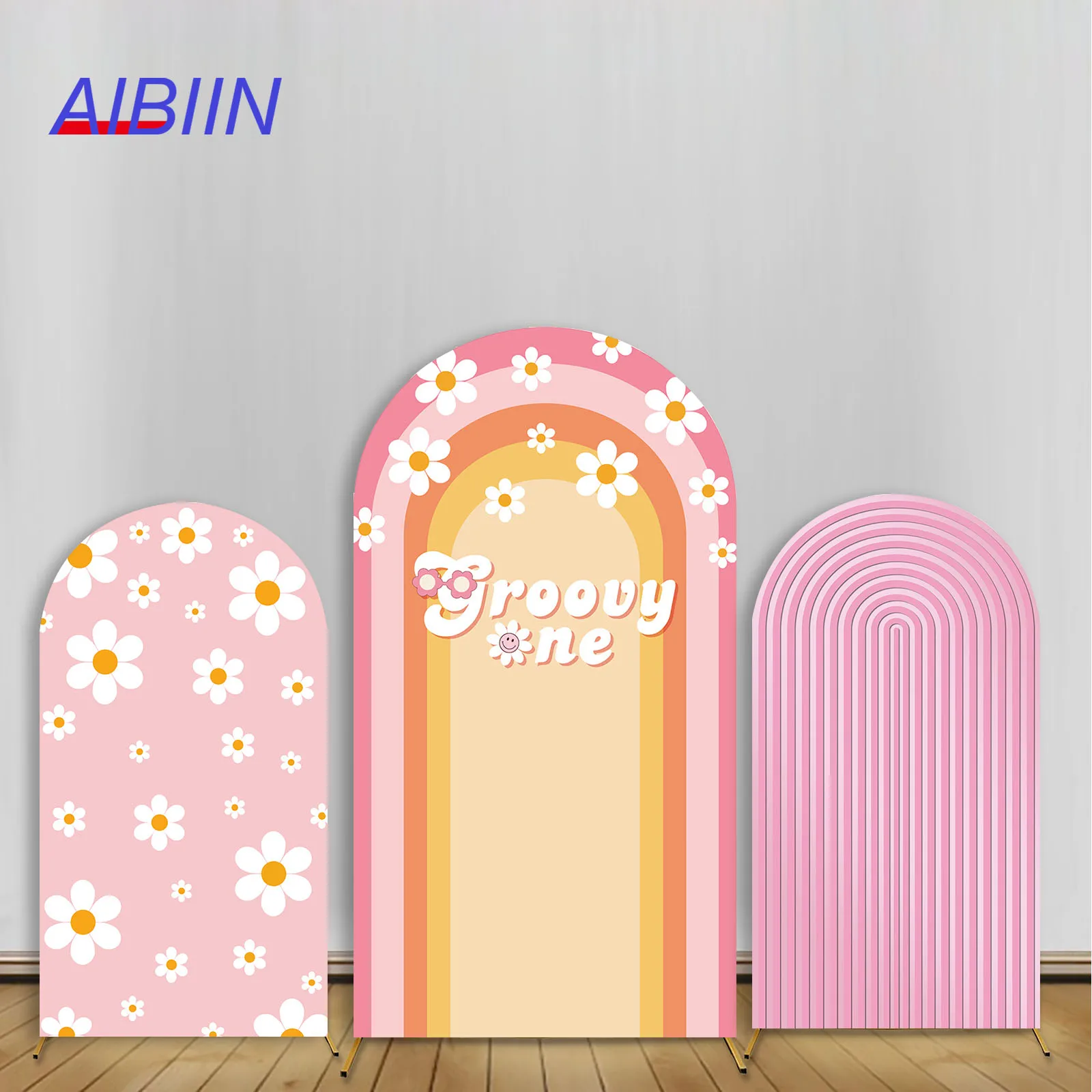 Groovy One Birthday Arch Backdrop Cover Daisy Flower Pink Baby 1 Year Old Party Decor Striped Cake Table Photography Background