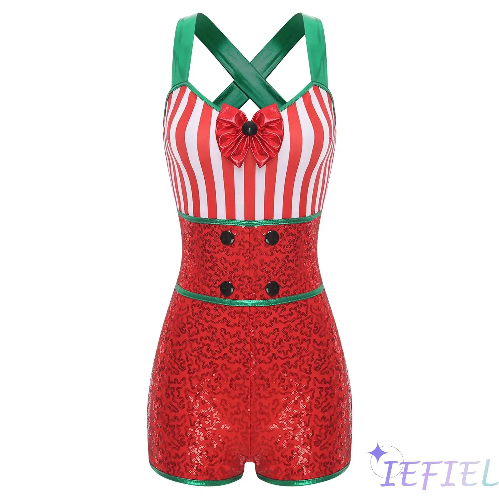

Festive Holiday Dance Jumpsuit Womens Adjustable Cross Straps Glittering Christmas Cami Bodysuit Xmas Candy Cane Costume