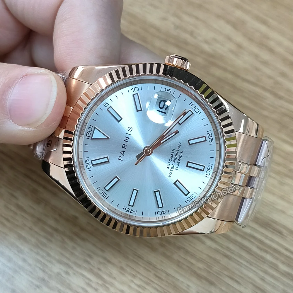 Parnis 39.5mm Stereosc Bezel  Jubilee Bracelet Rose Gold Color Miyota Automatic Men Wristwatch