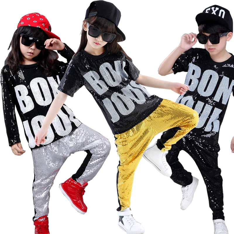 Hip Hop Dancing Suit kids Adults Stage wear Costumes Clothing Girls Boys Sequins Modern Jazz Dance Outfits Tops Pants  Ballroom