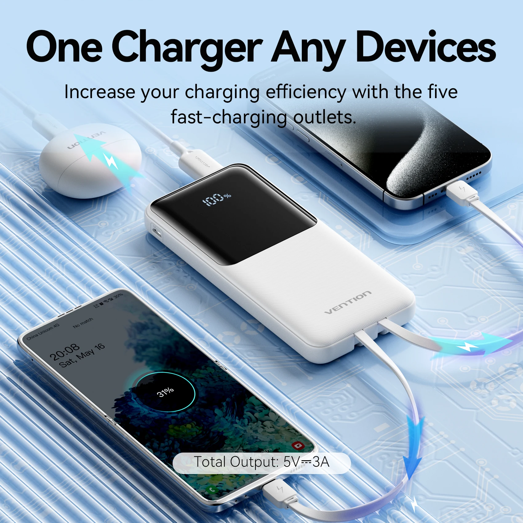 Vention 10000mAh Power Bank Portable Powerbanks Two-way Super Fast Charging External Battery Built-in Cables for iPhone Samsung