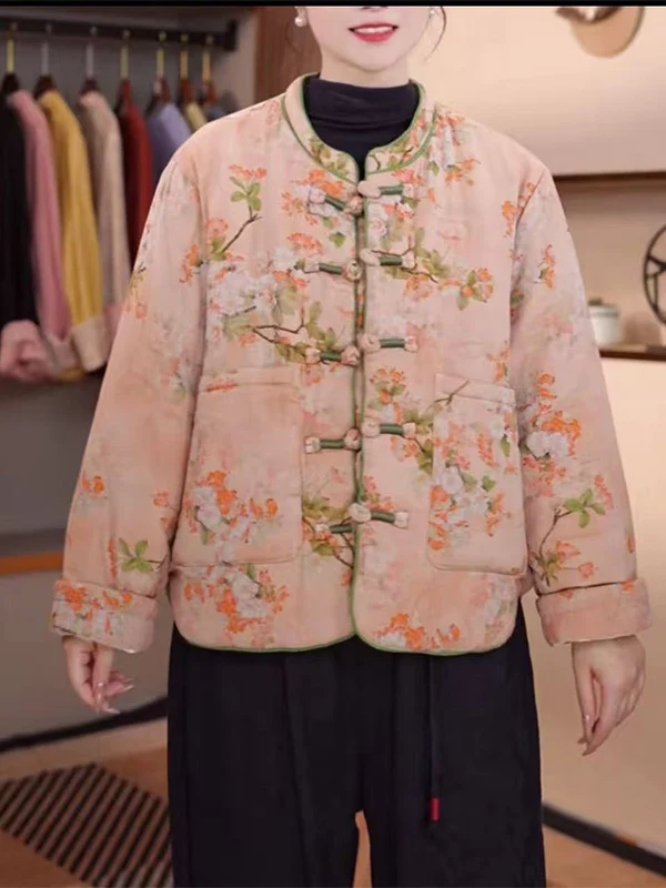 

Хлопковое джинто с цветочным принтом в стиле ретро, женское теплое длинное пальто на пуговицах, воротник-стойка, традиционное китайское пальто