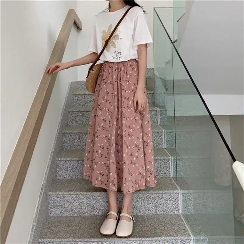 Women Vintage Floral Print A-line Pleated Long Skirts  Korean Skirt Streetwear Drawstring Elastic Waist  Summer Midi Skirt