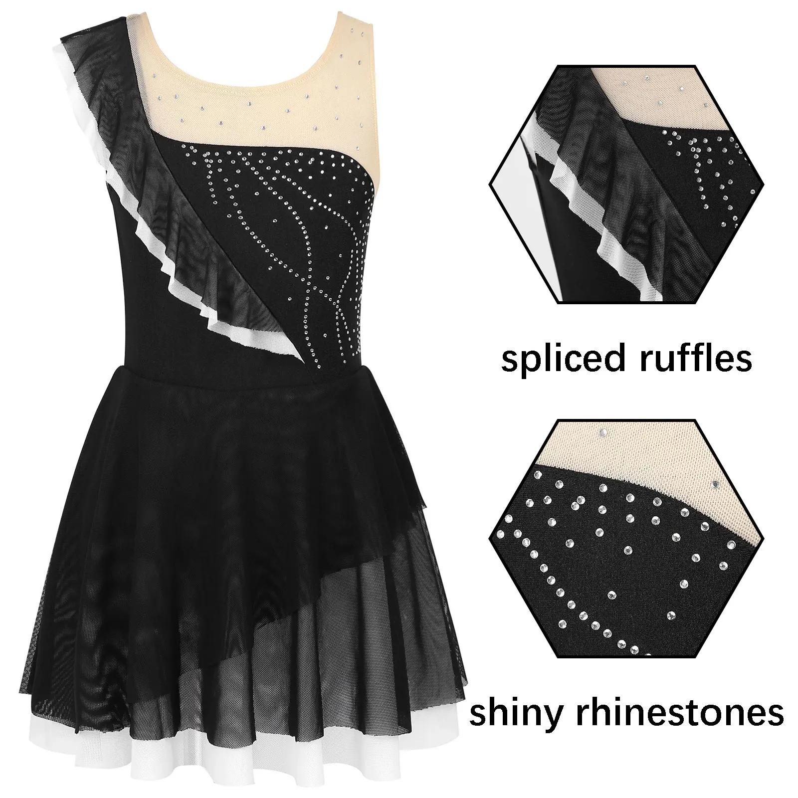 Kids Girls Asymmetrical Stylish Clothing Sleeveless Round Neck Skating Dress Shiny Rhinestone Decor Ruffles Patchwork Veil Dress