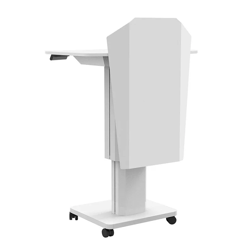 โต๊ะยกไฟฟ้าสีขาว แท่นบรรยายแบบเรียบง่าย โต๊ะบรรยายเหล็กและไม้ โต๊ะประชุมเคลื่อนที่สำนักงาน แท่นบรรยายขนาดเล็ก