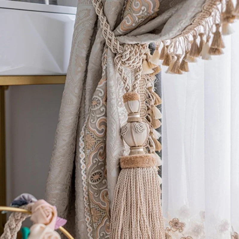 

French Rococo Embossed Curtains Tassel Lace Blackout Curtains for Bedroom Living Dining Room Luxury Embroidery Romantic Curtains