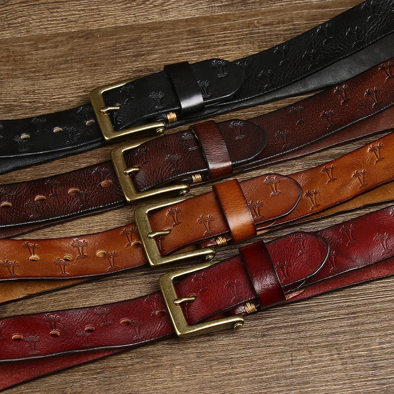 

Retro Italian Tanned Leather Belt with Embossed Patterns and Copper Buckle for Men