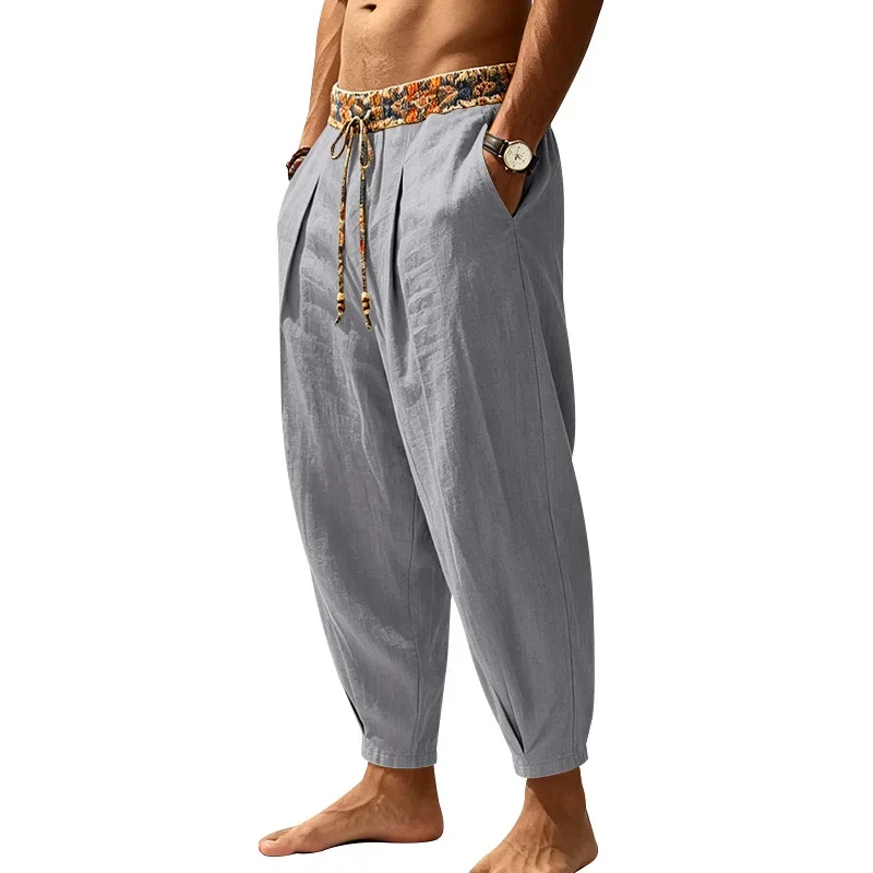 Herren 95% Leinen Haremshose Boho Blumenmuster Kordelzug Taille Lässige Weite Hose Strand Urlaub Knöchellange Hose – Detail 4