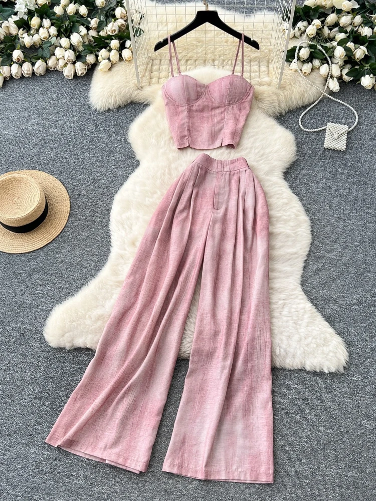 

Fashion temperament two-piece set women's summer new short style camisole strapless vest+high waist wide leg pants casual set