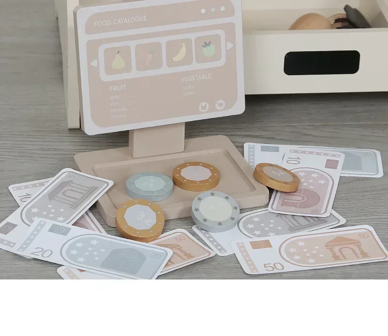 43cm High-Quality Playhouse Interactive Toy Wooden Simulated Fruit Stand with Banana Apple Pear and Cash Register Game Gift