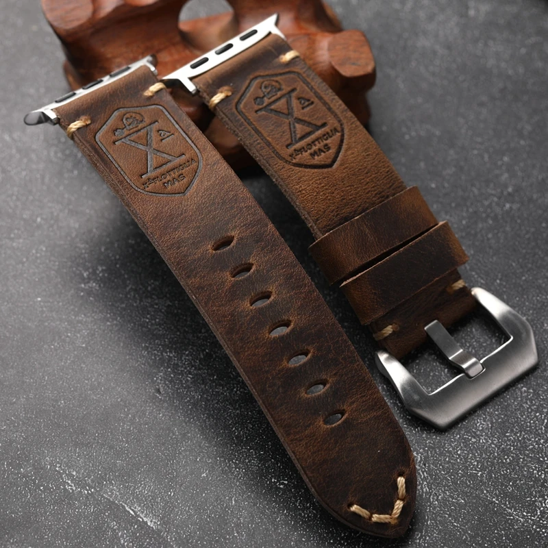 Handmade Vintage Crazy Horse Leather Bracelet 40MM 44MM 45MM 49MM Fits Apple Watch S8 Ultra Folded Thick Brown Strap