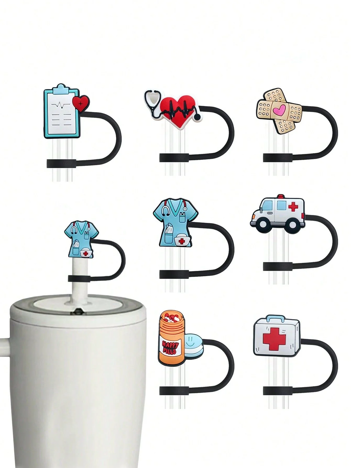 2/3/7Pcs Nurse Medical Straw Covers Cute Cartoon PVC Straw Toppers Dust Proof Reusable Straw Caps Compatible with Stanley Tumbler Cup Nurse Week Gift Doctor Medical Party Favors