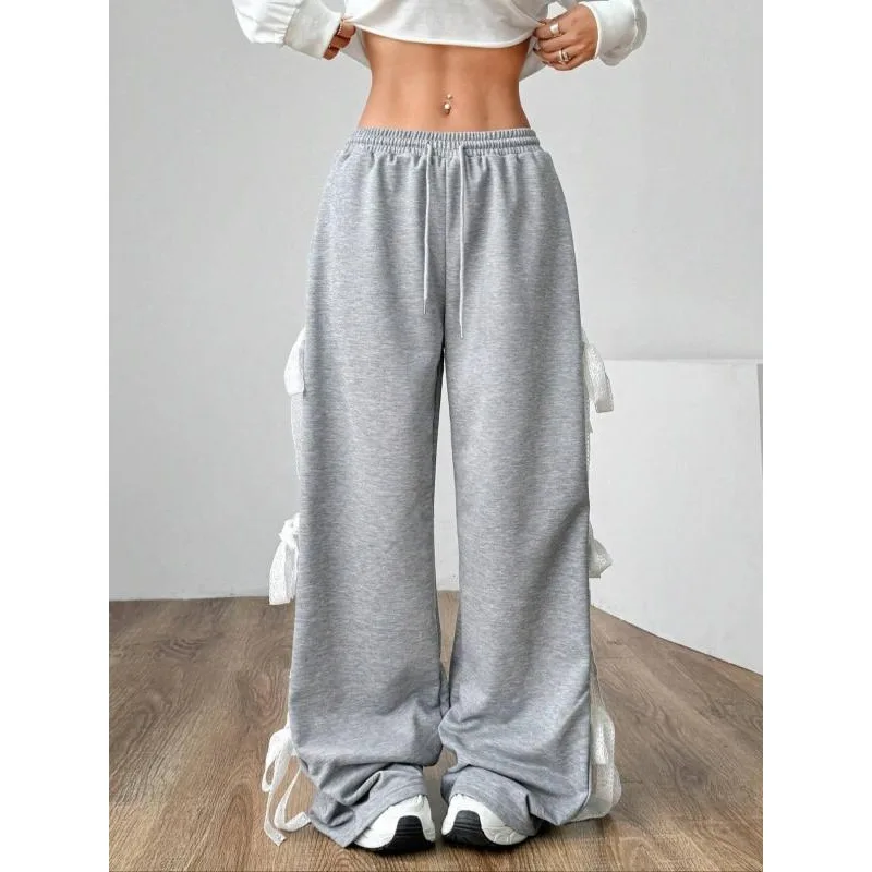 Plus Size 1XL-5XL Women's Fashion Lace Lace-up Pants Vintage Harajuku 90s Aesthetic Sweatpants Retro High Waist Wide Trousers
