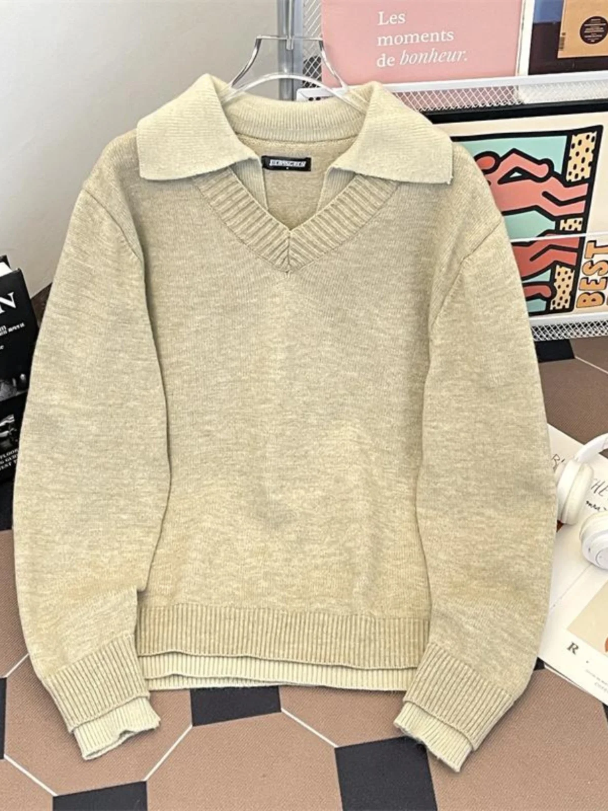 2025 Autumn Winter New American Retro Men's Gray Apricot Fake Two-Piece V-Neck Turn-Down Collar Long Sleeve Casual Knit Sweater