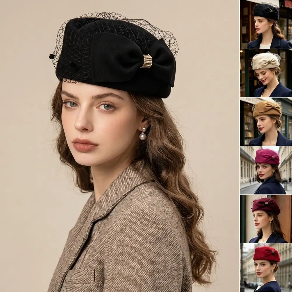 Vintage French Style Bow Fedora Hat Fedoras Elegant Mesh Topper Hat Versatile Rhinestone Woolen Beret Banquet