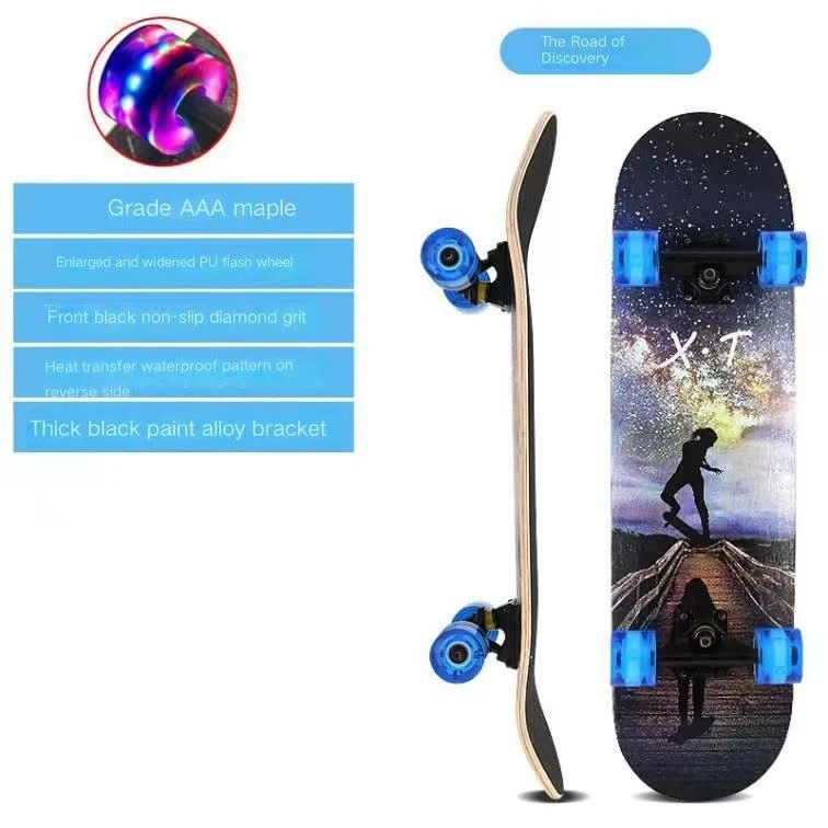 Adult Skateboard Four Wheels Double Winged Maple Wooden High end PU Enlarged Flash Wheel Children\'s Skateboard