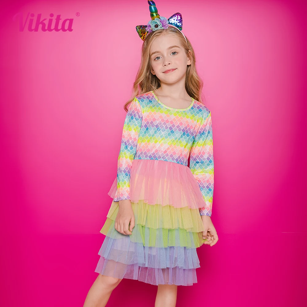 VIKITA Autumn Girls Clothing Long Sleeve Kids Dress For GIrls Layers Mermaid Mesh Princess Girls Dress 2023 Children Costumes