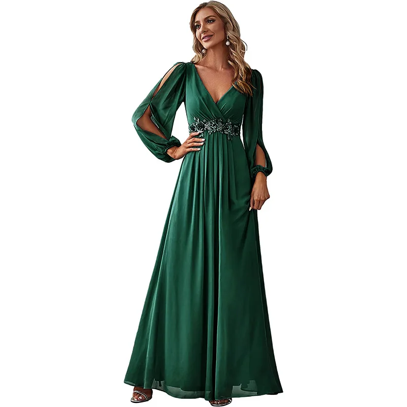 European and American Women's Clothing Solid ColorVCollar Dress Elegant Long Dress Waist Hem