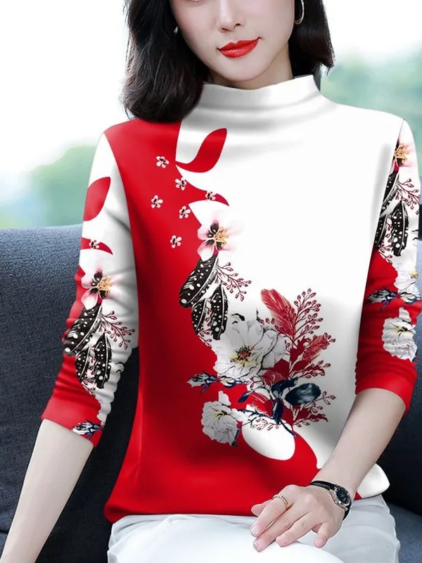 

Thickened Fleece Long Sleeve Maternity Style Print Base Shirt for Middle-Aged And Elderly Women Warm Casual Slimming Polyeste...