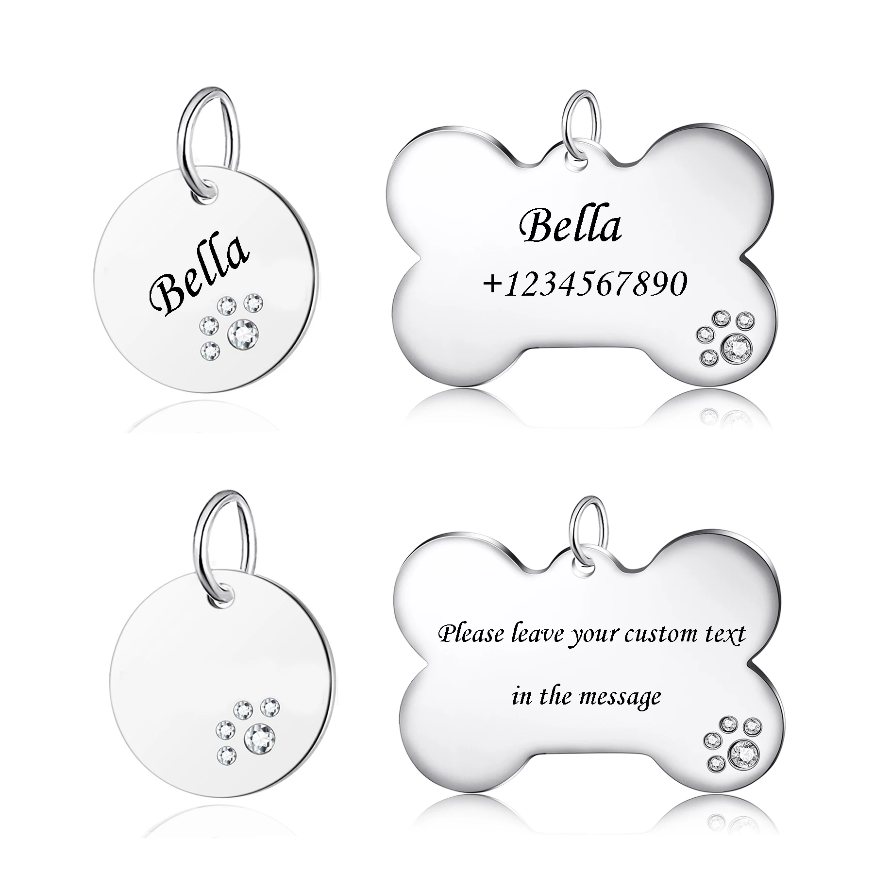 4pcs/lot Personalized Pet Dog Bone with Rhinestone ID Tag Stainless Steel Round Charms for Dog Cat Nameplate Accessories