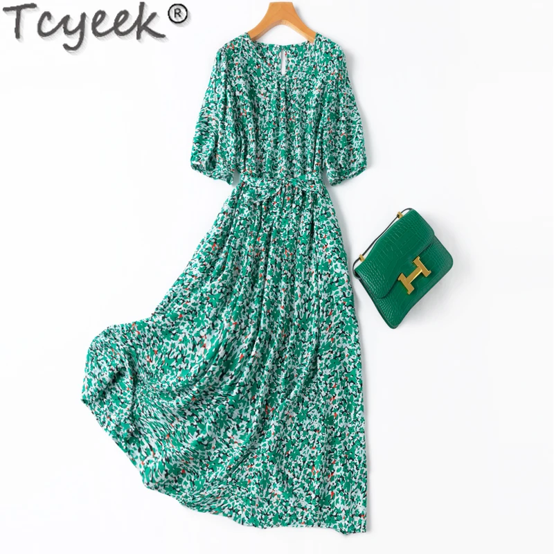 

Tcyeek 100% Mulberry Silk Summer Women's Dress 16MM Real Silk Elegant Dresses for Women 2024 Beach Dresses Lace-up Vestido Mujer