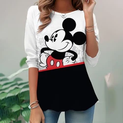 New Large Women's Long Sleeve Pocket Round Neck Waist Top T-shirt Disney Mickey Mouse Loose Casual Fashion Loose Women's Shirt