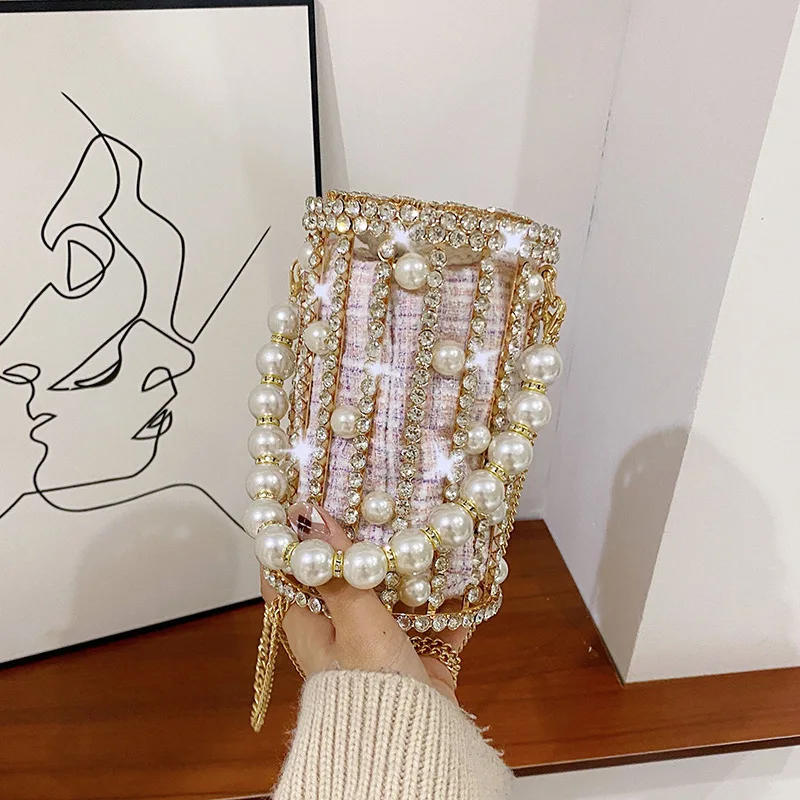 Diamonds Basket Evening Clutch Bags Women 2023 Luxury Hollow Out Pearl Beaded Metallic Cage Handbags Ladies Wedding Party Purse