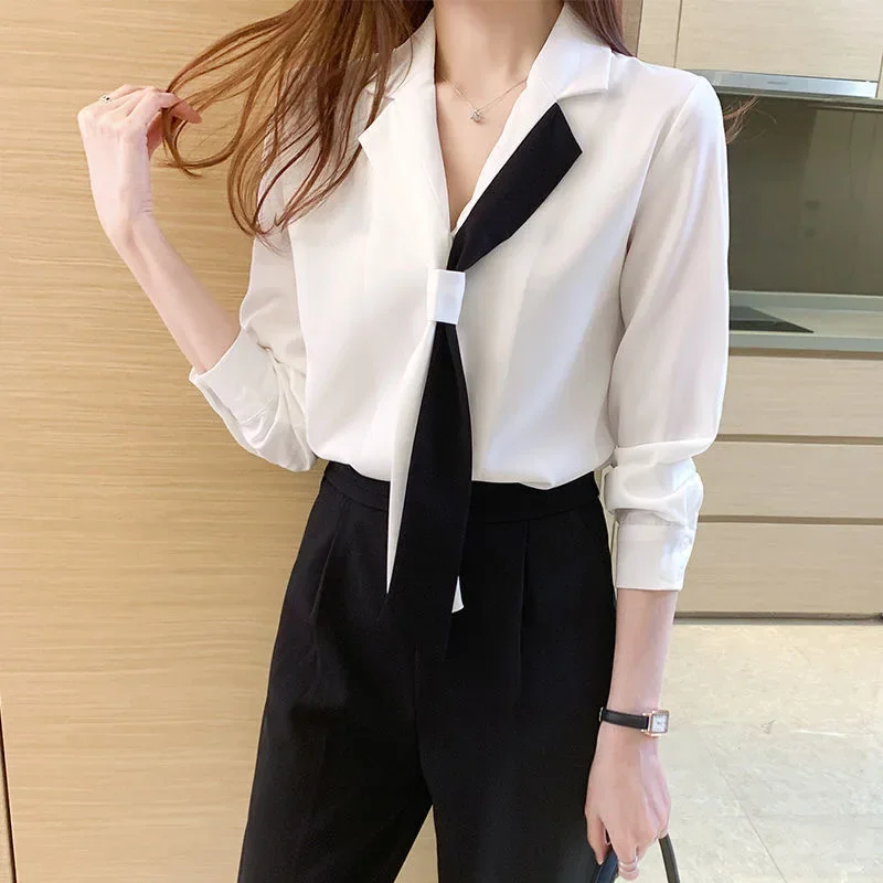 Women Spring Autumn Style Blouses Shirts Lady Casual Long Sleeve Notched Collar Bow Tie decor Blusas Tops WY1037