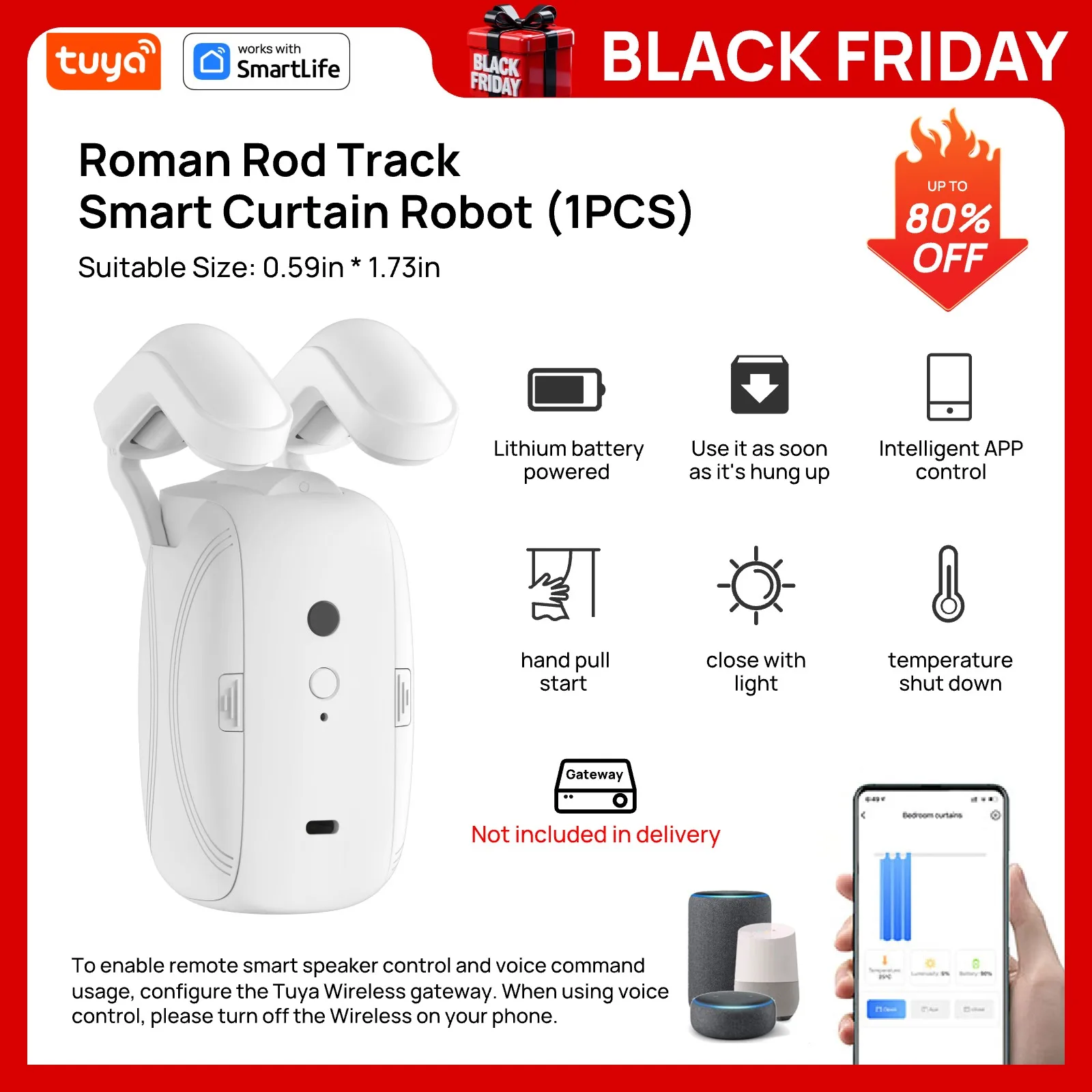Tuya Smart Curtain Robot ( Roman Rod Track) Bluetooth APP Short Range Control, Timed switch, Pull-to-start, 8KG load capacity