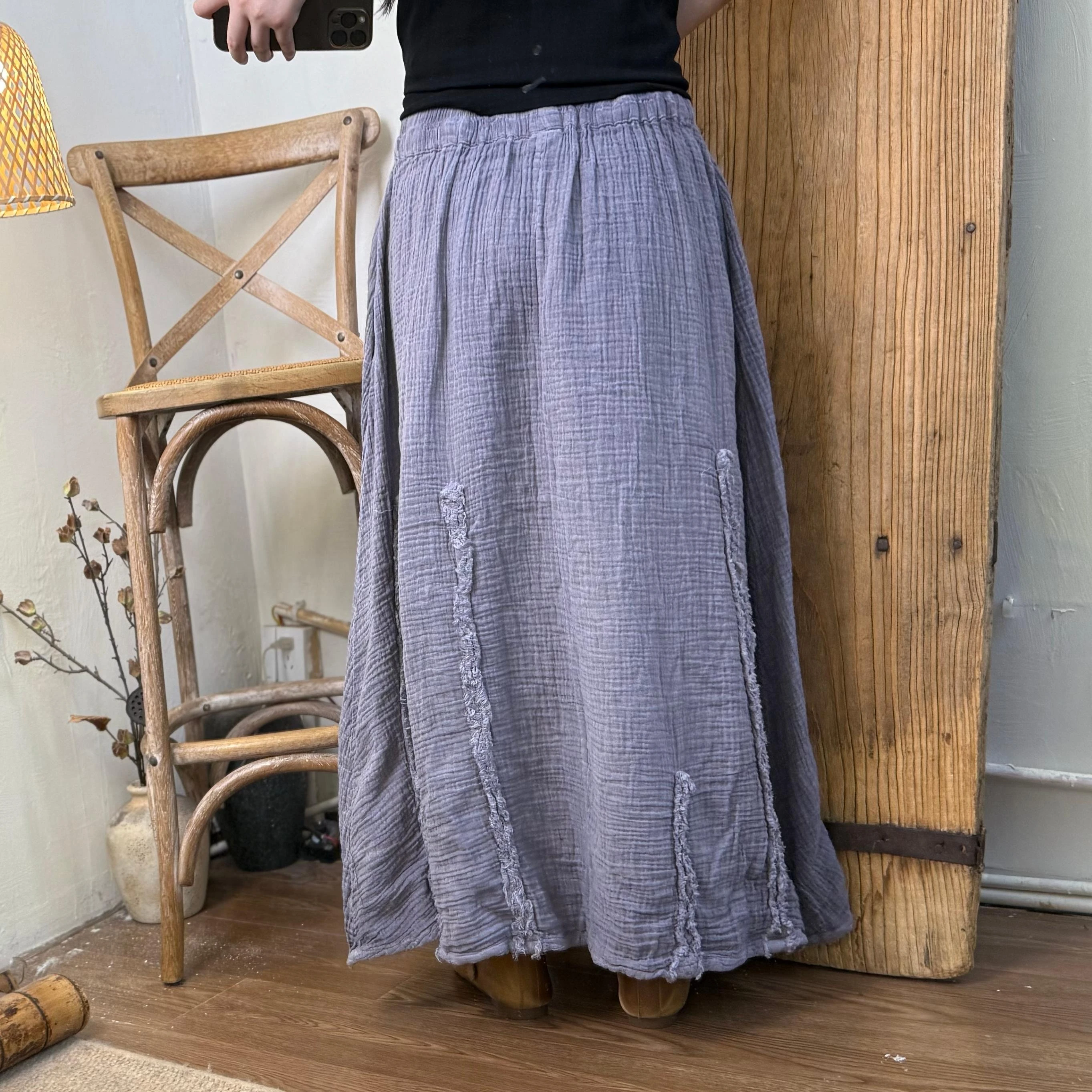 ارتفاع الخصر القطن الكتان تنورة طويلة المرأة وصول جديد 2025 الصيف خمر نمط بلون فضفاض الإناث التنانير غير رسمية T669