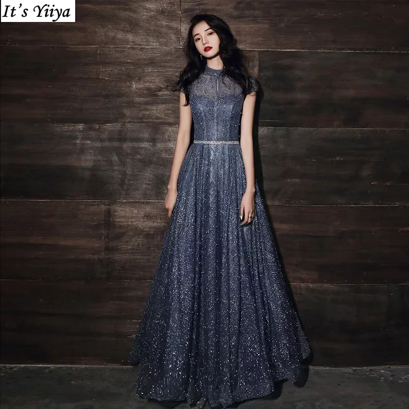 

It's Yiiya Evening Dresses Navy Blue Bling Pearl High Collar Lace up A-line Floor-length Plus size Lady Formal Party Gowns R1571